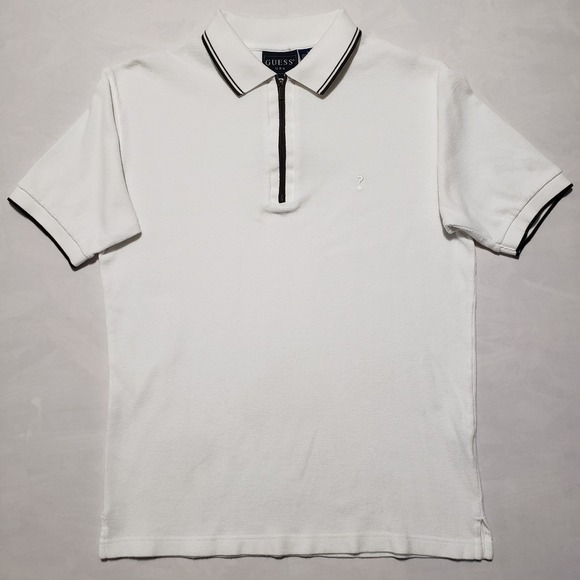 Guess Polo Shirt White Mens Small Waffle 100% Cotton Logo Fitted Short Sleeve - Picture 1 of 11